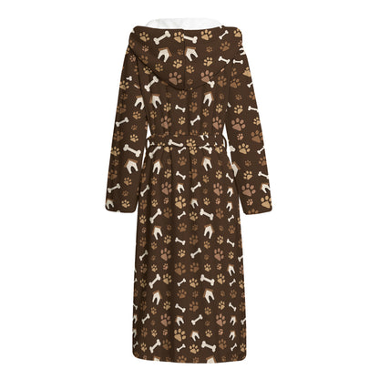 Brown Paw And Bone Pattern Print Hooded Bathrobe