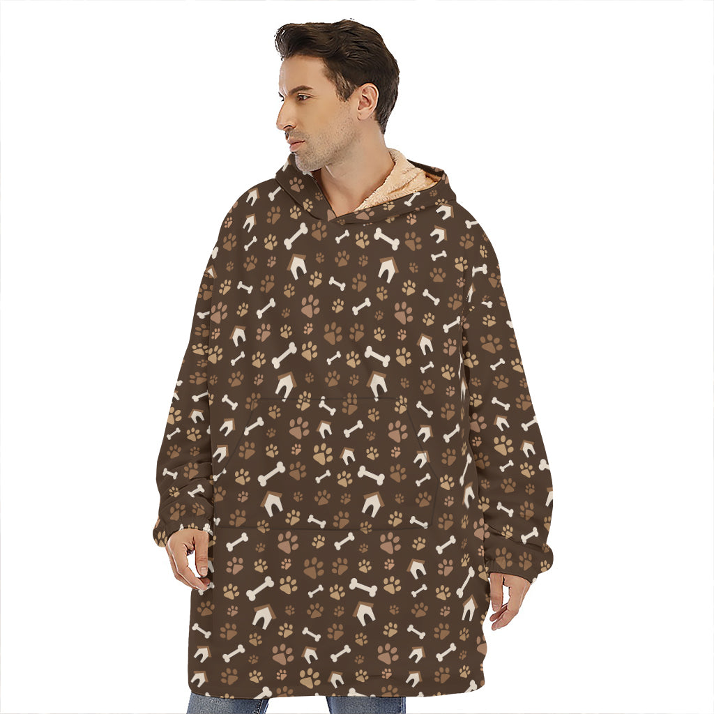 Brown Paw And Bone Pattern Print Hoodie Blanket