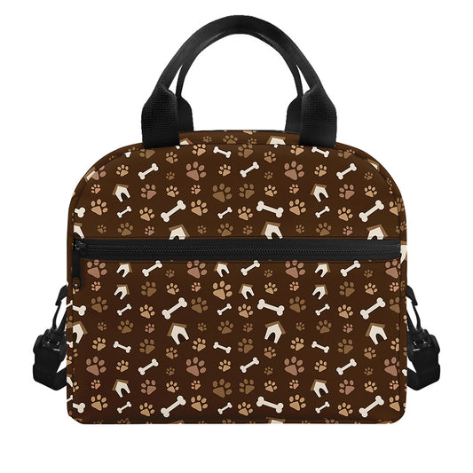 Brown Paw And Bone Pattern Print Insulated Lunch Bag