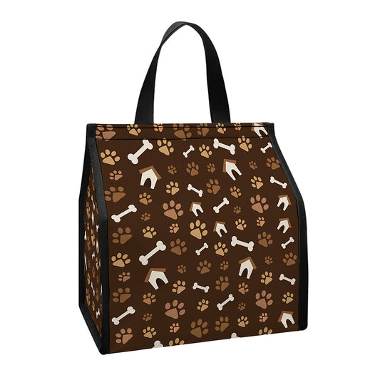 Brown Paw And Bone Pattern Print Insulated Lunch Tote