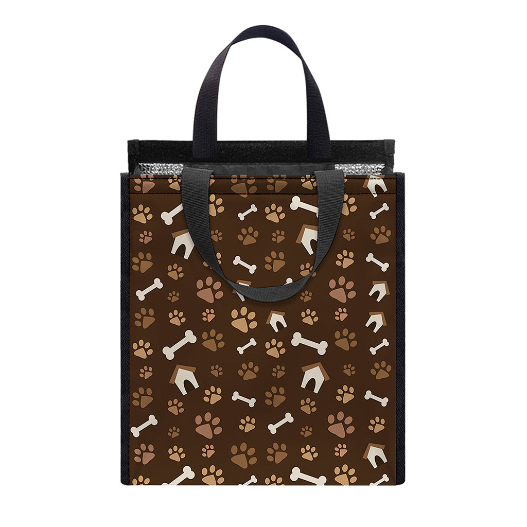 Brown Paw And Bone Pattern Print Insulated Lunch Tote
