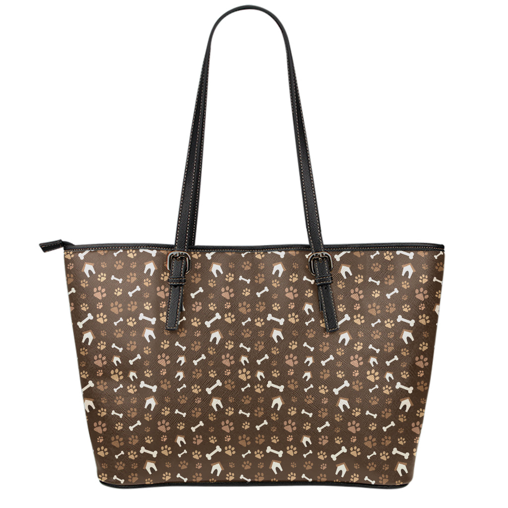 Brown Paw And Bone Pattern Print Leather Tote Bag