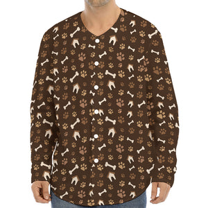 Brown Paw And Bone Pattern Print Long Sleeve Baseball Jersey