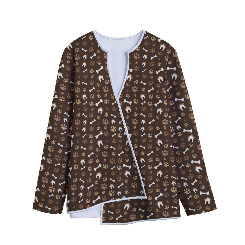 Brown Paw And Bone Pattern Print Long Sleeve Short Coat