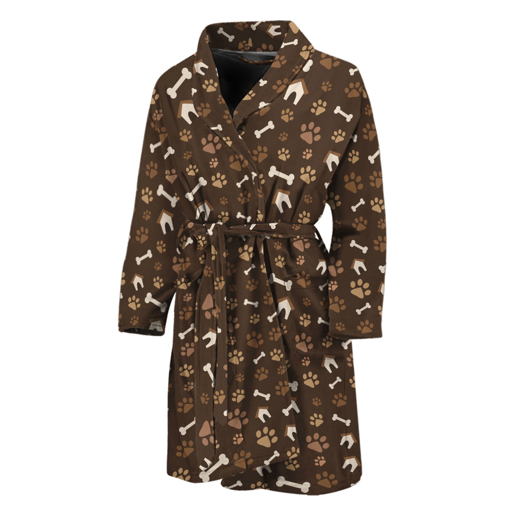 Brown Paw And Bone Pattern Print Men's Bathrobe