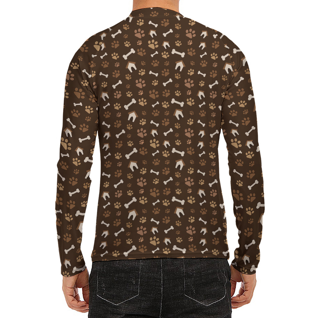 Brown Paw And Bone Pattern Print Men's Long Sleeve Rash Guard