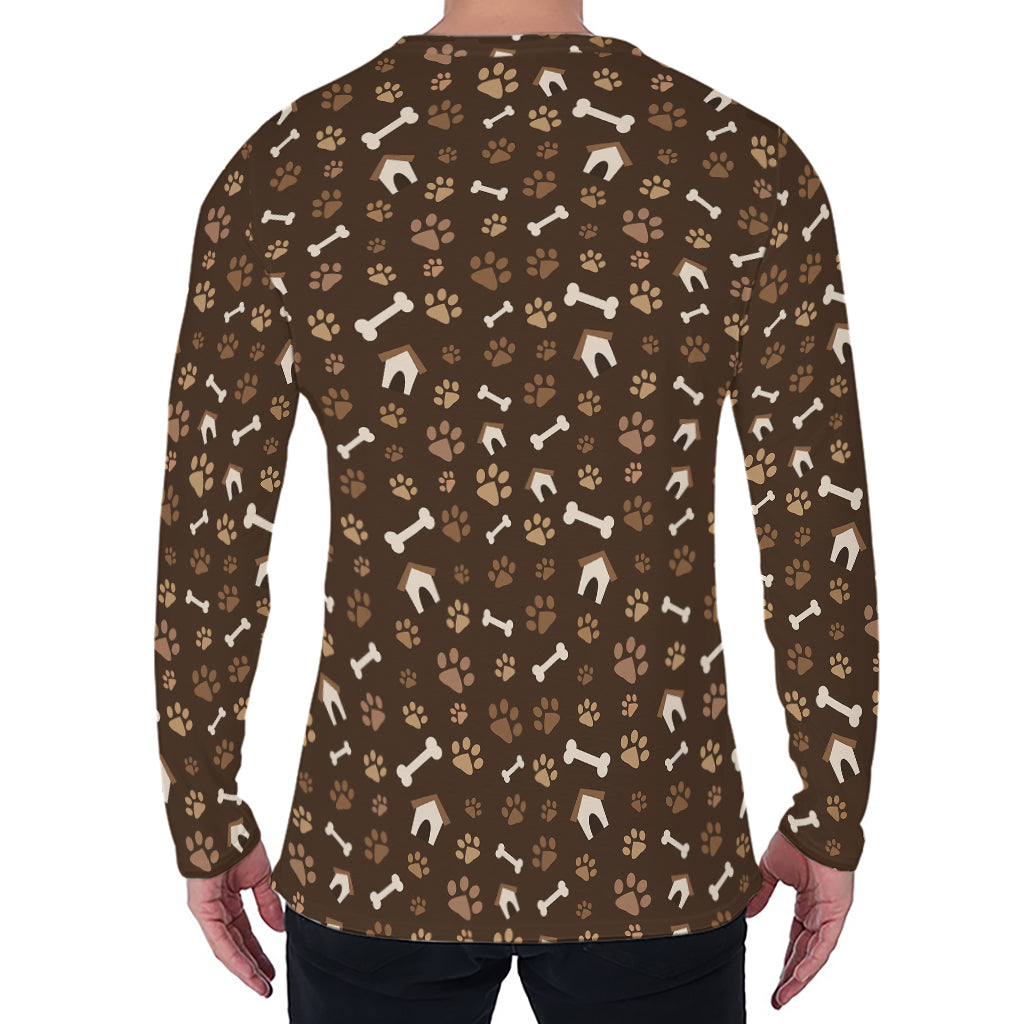 Brown Paw And Bone Pattern Print Men's Long Sleeve T-Shirt