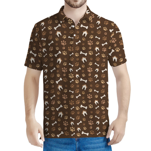 Brown Paw And Bone Pattern Print Men's Polo Shirt