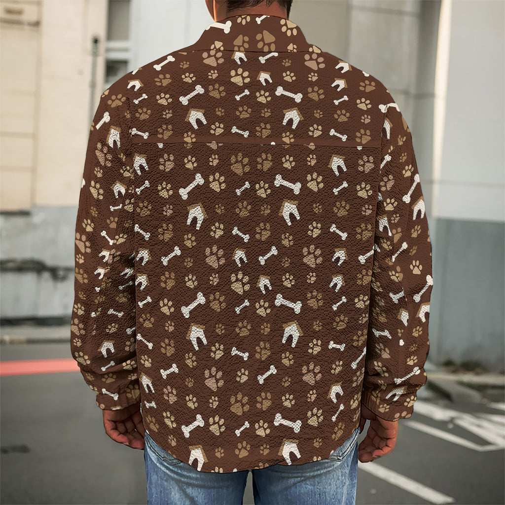 Brown Paw And Bone Pattern Print Men's Shirt Jacket