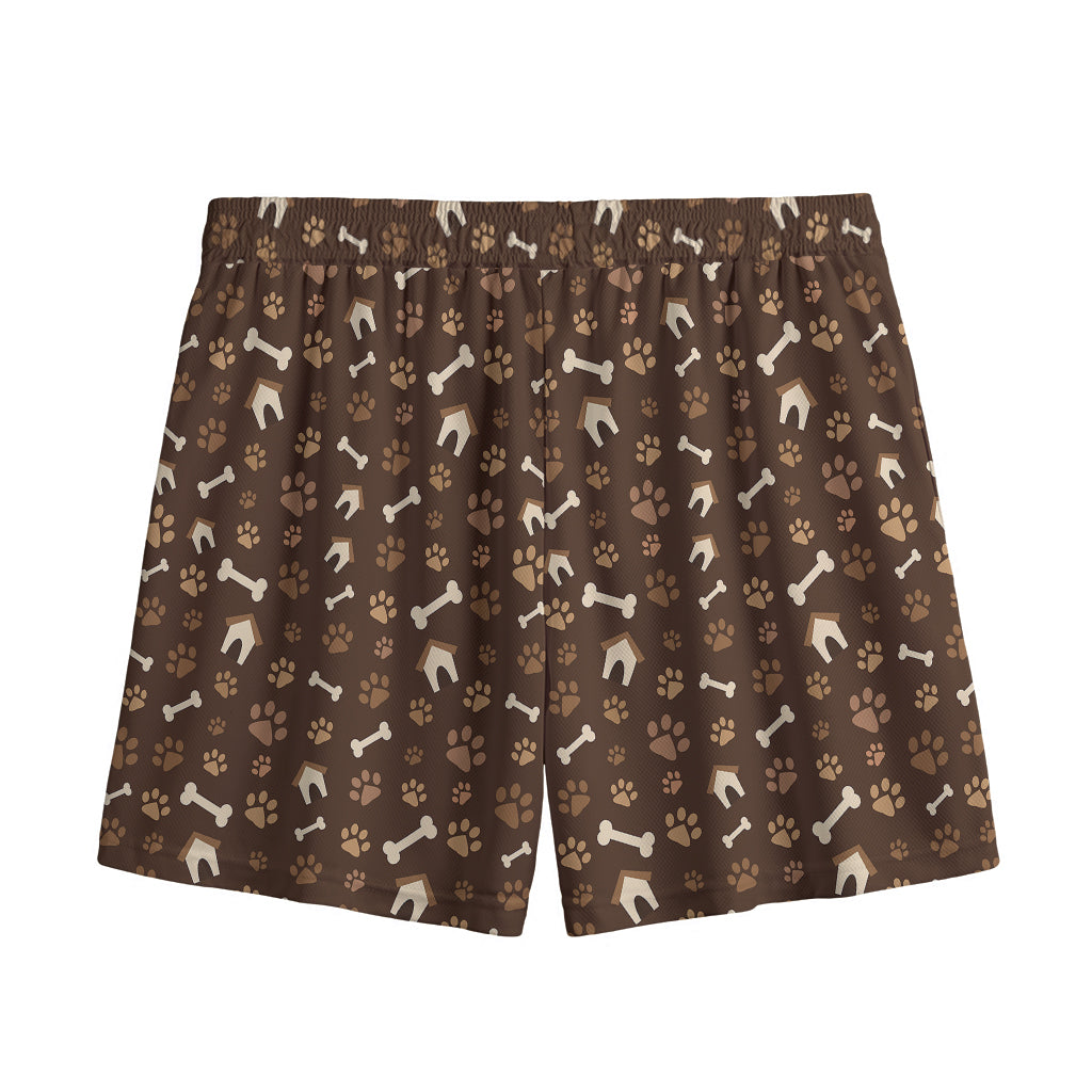 Brown Paw And Bone Pattern Print Mesh Shorts