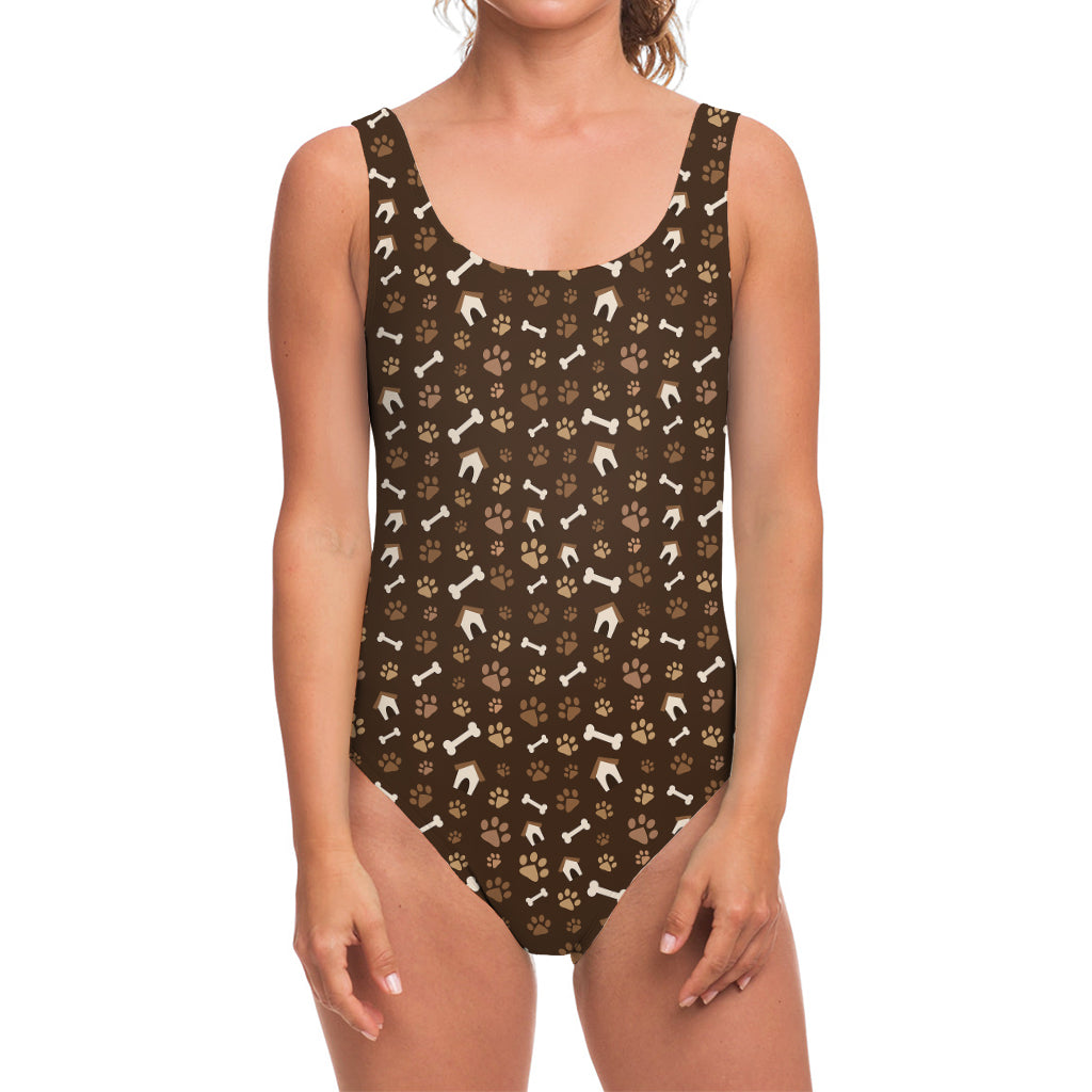 Brown Paw And Bone Pattern Print One Piece Swimsuit