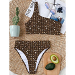 Brown Paw And Bone Pattern Print One Shoulder Bikini Top