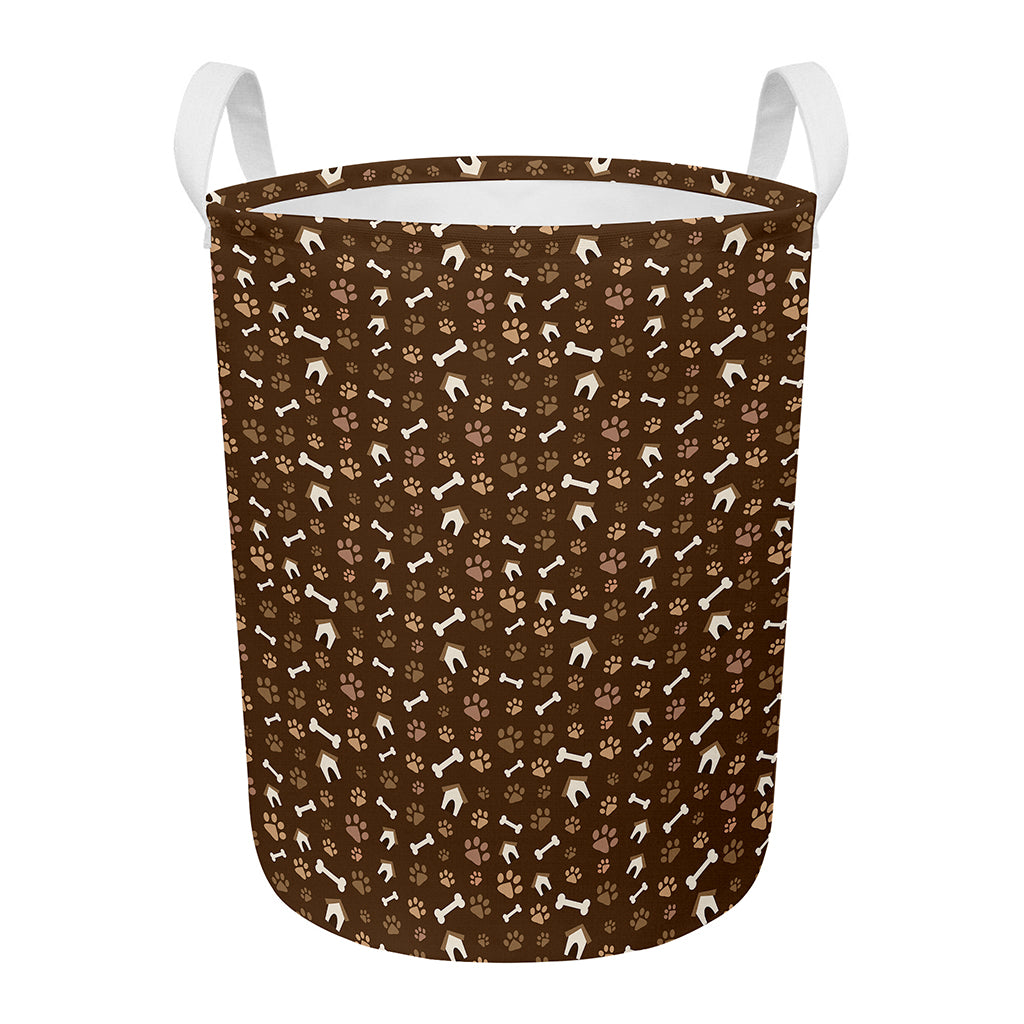 Brown Paw And Bone Pattern Print Round Laundry Basket