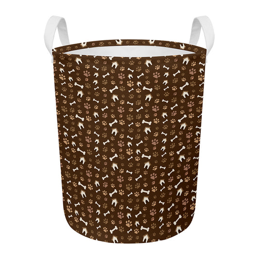 Brown Paw And Bone Pattern Print Round Laundry Basket