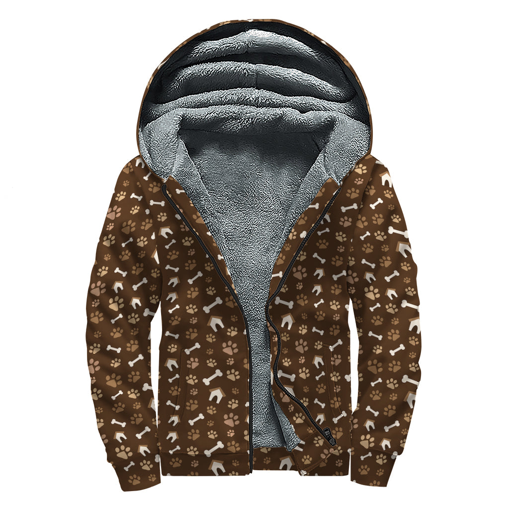 Brown Paw And Bone Pattern Print Sherpa Lined Zip Up Hoodie