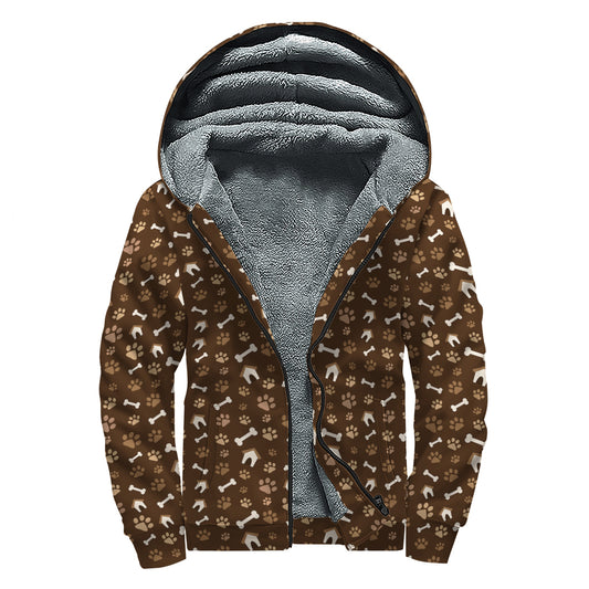 Brown Paw And Bone Pattern Print Sherpa Lined Zip Up Hoodie