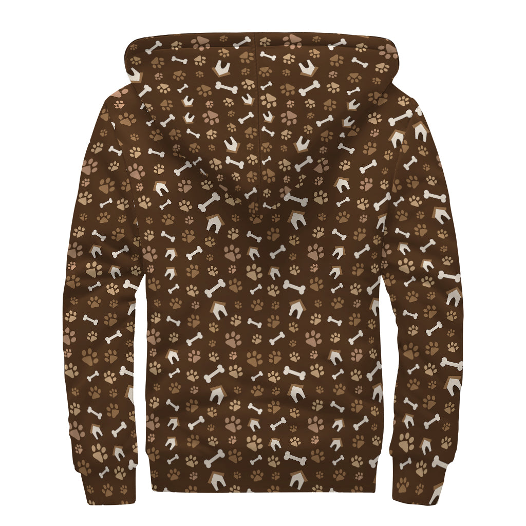 Brown Paw And Bone Pattern Print Sherpa Lined Zip Up Hoodie
