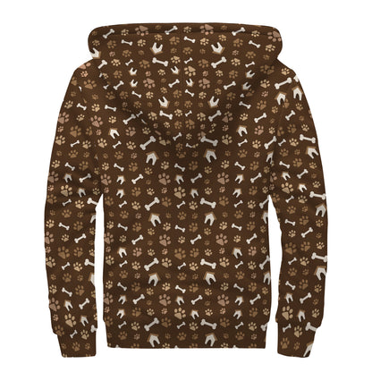 Brown Paw And Bone Pattern Print Sherpa Lined Zip Up Hoodie