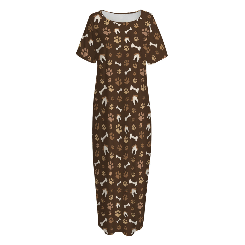 Brown Paw And Bone Pattern Print Short Sleeve Long Nightdress