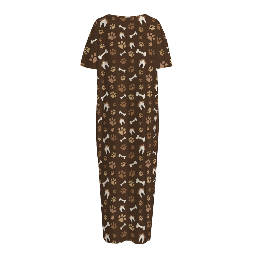 Brown Paw And Bone Pattern Print Short Sleeve Long Nightdress