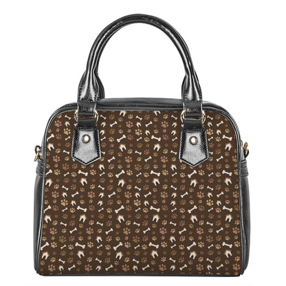 Brown Paw And Bone Pattern Print Shoulder Handbag