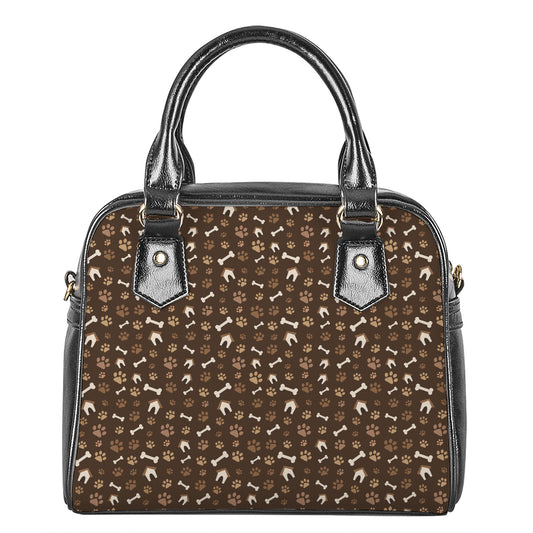 Brown Paw And Bone Pattern Print Shoulder Handbag
