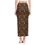 Brown Paw And Bone Pattern Print Side Slit Maxi Skirt