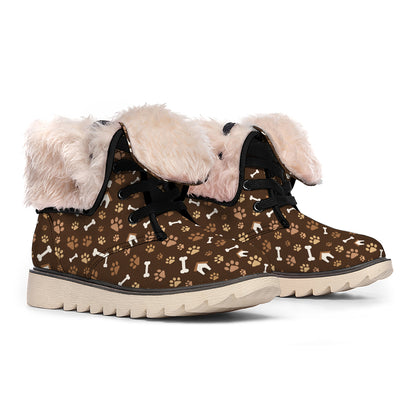 Brown Paw And Bone Pattern Print Winter Boots