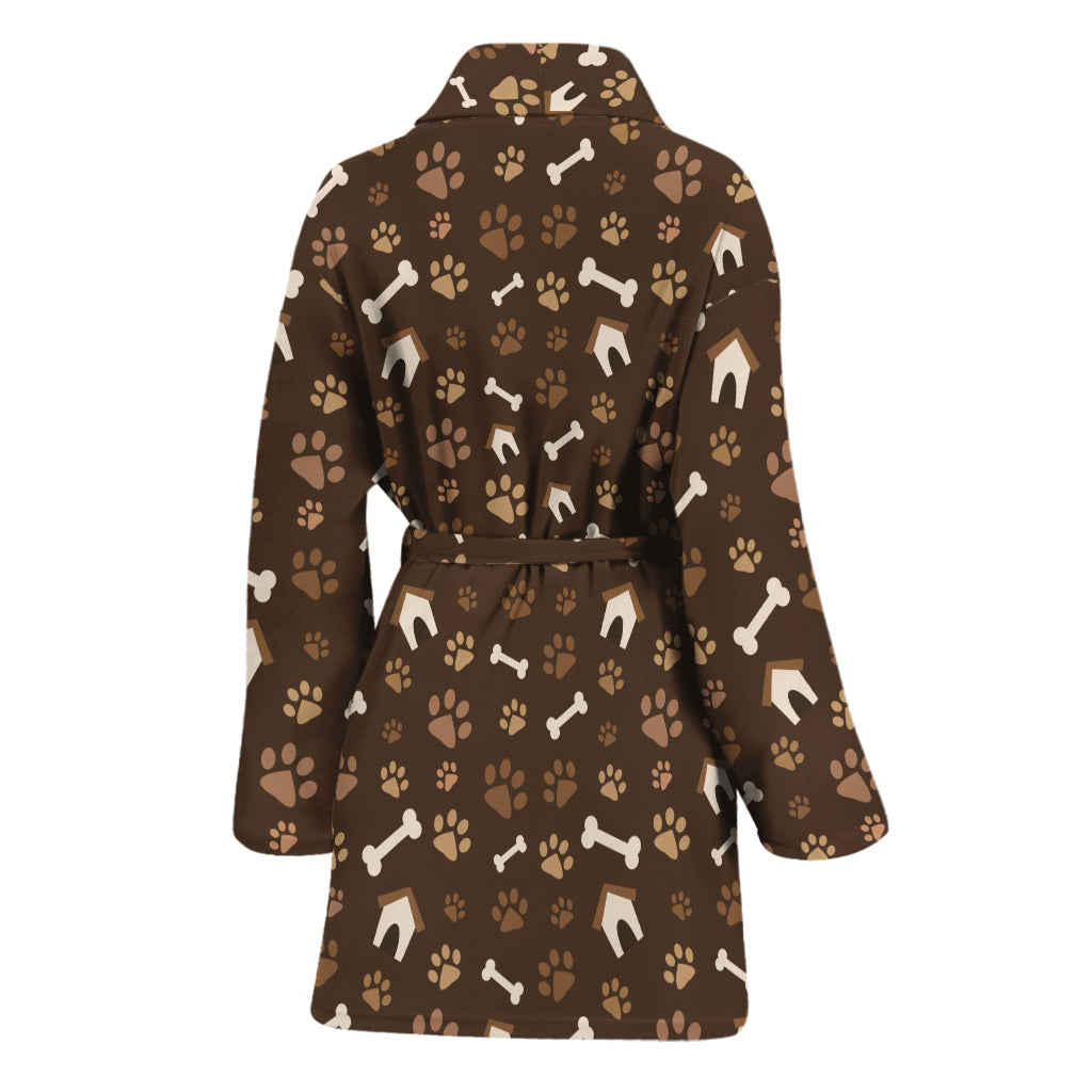 Brown Paw And Bone Pattern Print Women's Bathrobe