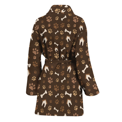 Brown Paw And Bone Pattern Print Women's Bathrobe