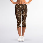 Brown Paw And Bone Pattern Print Women's Capri Leggings