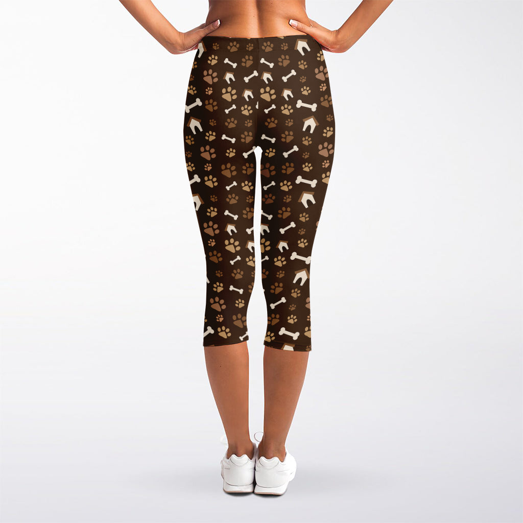 Brown Paw And Bone Pattern Print Women's Capri Leggings