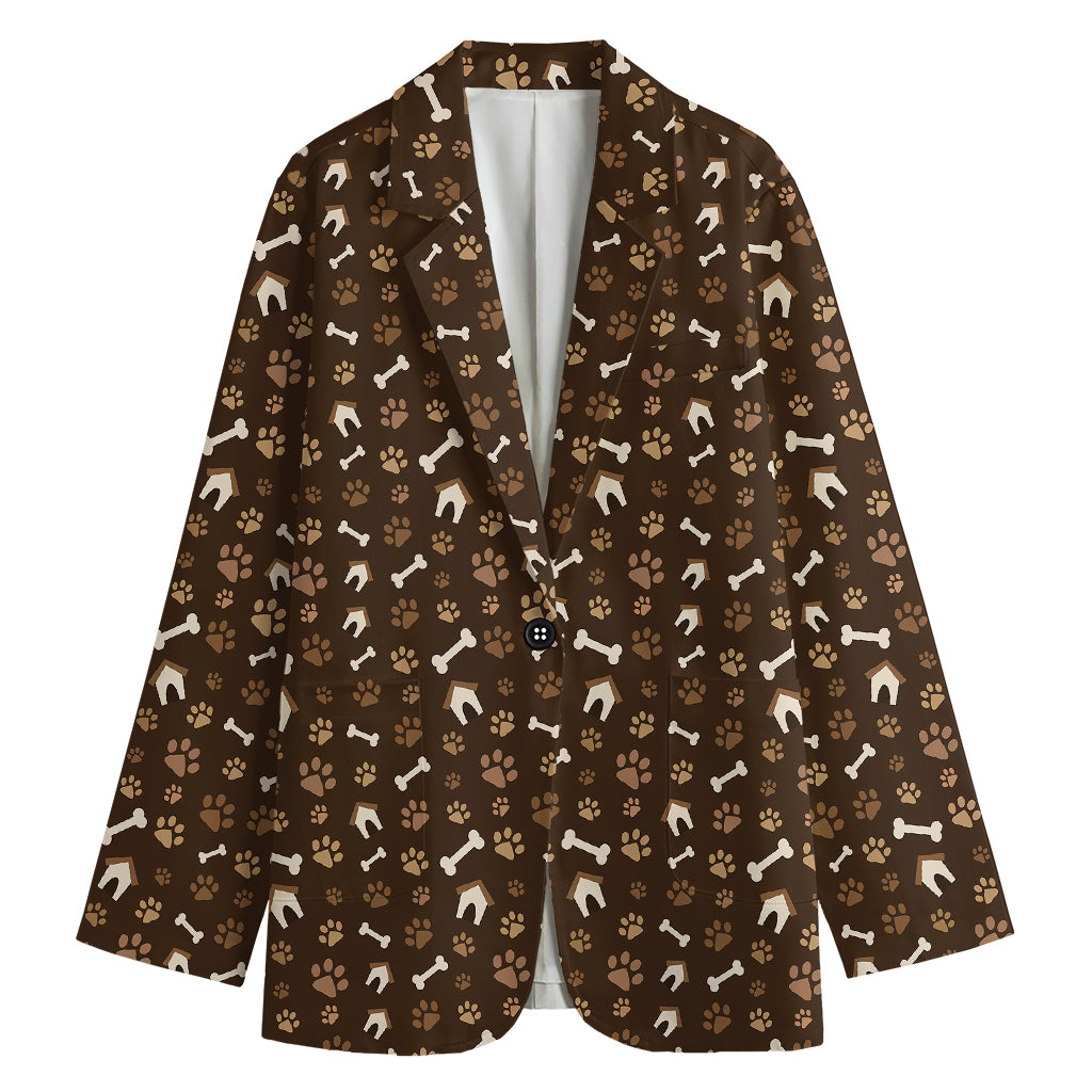 Brown Paw And Bone Pattern Print Women's Cotton Blazer