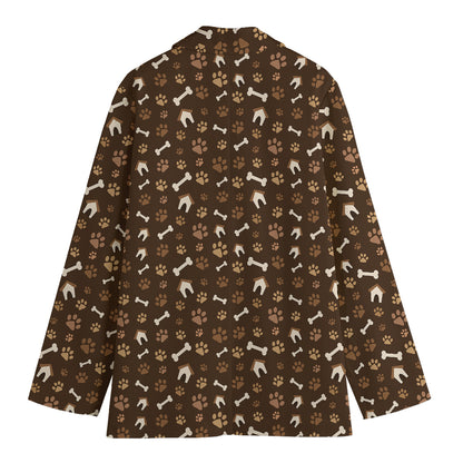 Brown Paw And Bone Pattern Print Women's Cotton Blazer
