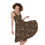 Brown Paw And Bone Pattern Print Women's Sleeveless Dress