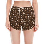 Brown Paw And Bone Pattern Print Women's Split Running Shorts
