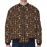 Brown Paw And Bone Pattern Print Zip Sleeve Bomber Jacket