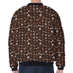 Brown Paw And Bone Pattern Print Zip Sleeve Bomber Jacket