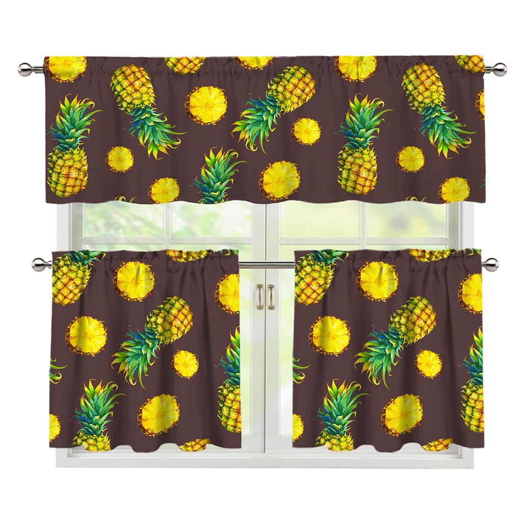 Brown Pineapple Pattern Print 3 Piece Kitchen Curtains