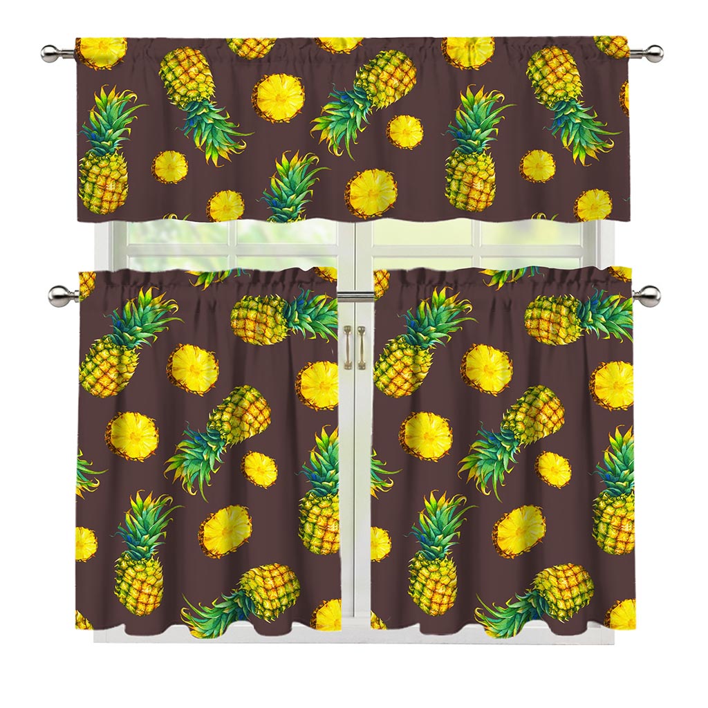 Brown Pineapple Pattern Print 3 Piece Kitchen Curtains