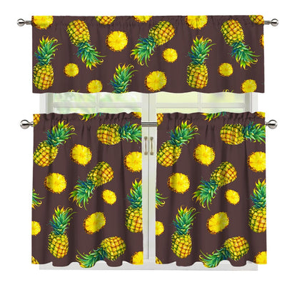 Brown Pineapple Pattern Print 3 Piece Kitchen Curtains