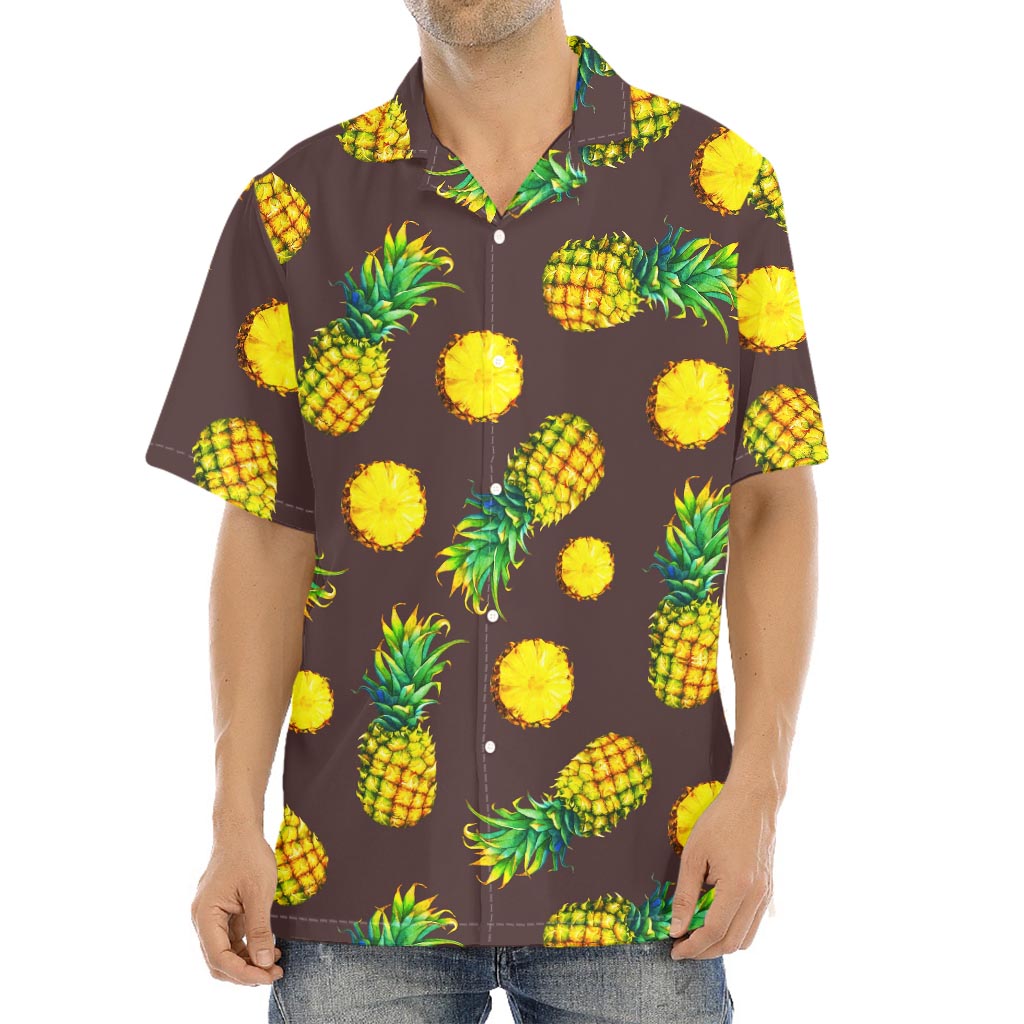 Brown Pineapple Pattern Print Aloha Shirt