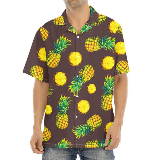 Brown Pineapple Pattern Print Aloha Shirt