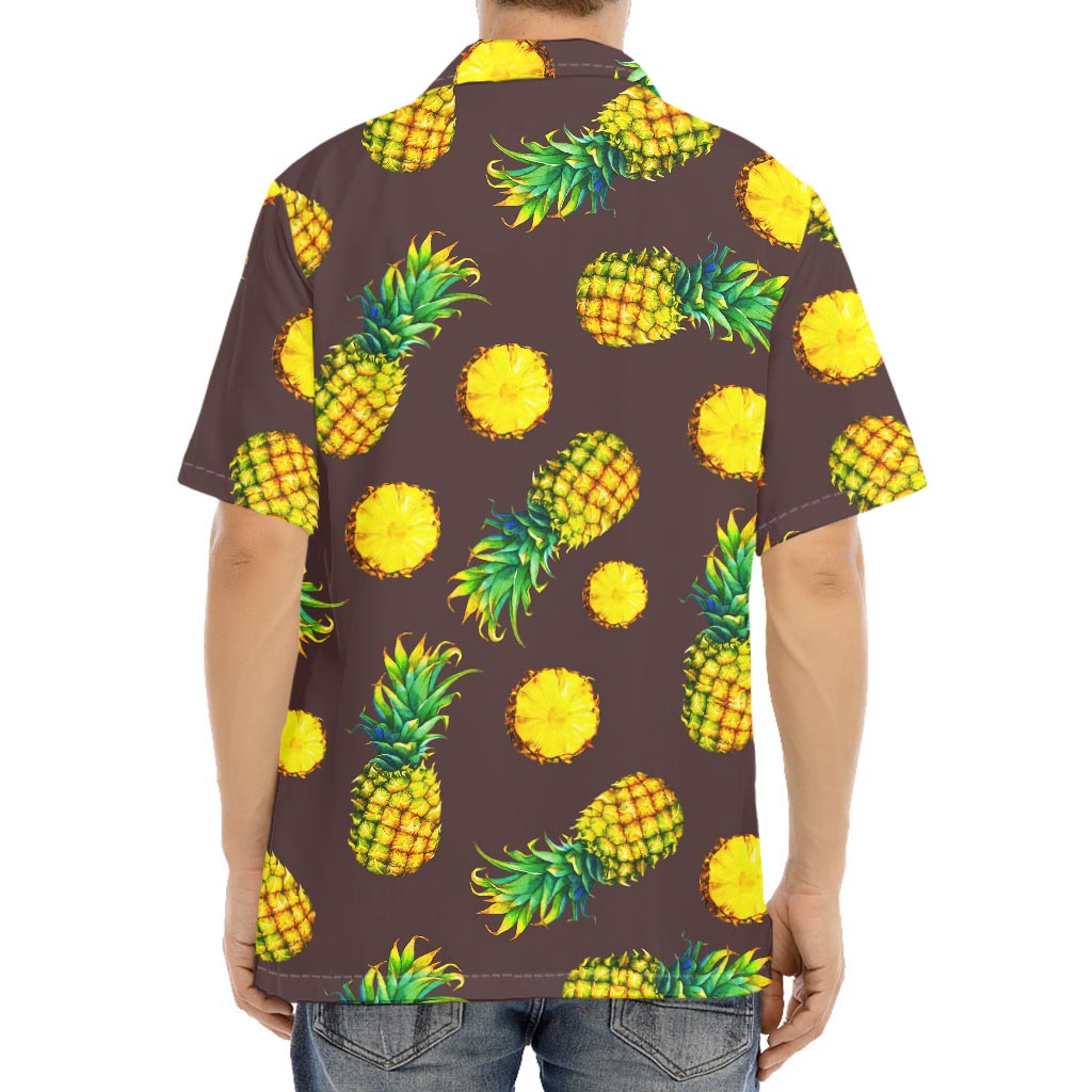Brown Pineapple Pattern Print Aloha Shirt