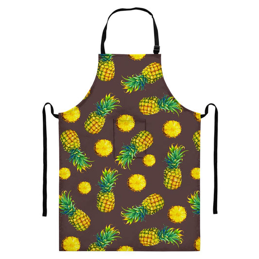 Brown Pineapple Pattern Print Bib Apron With Pocket