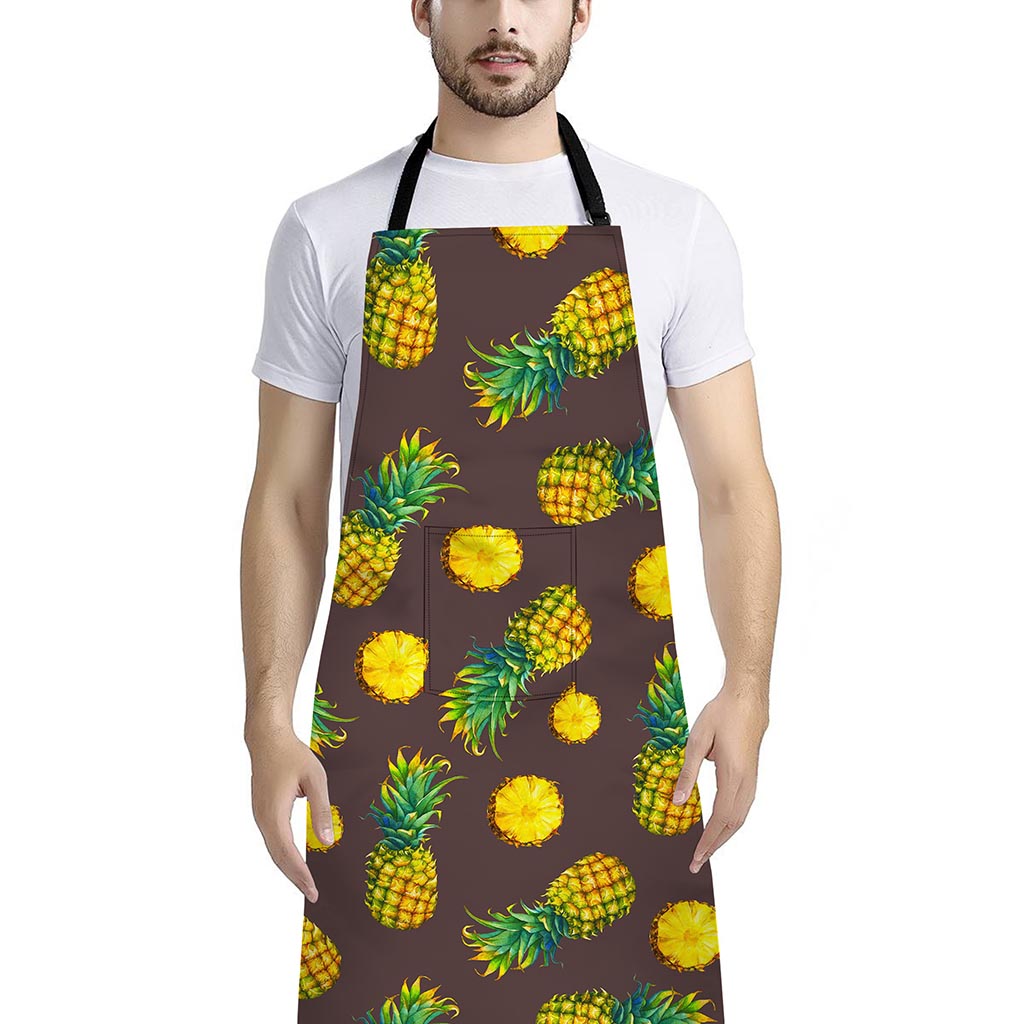 Brown Pineapple Pattern Print Bib Apron With Pocket