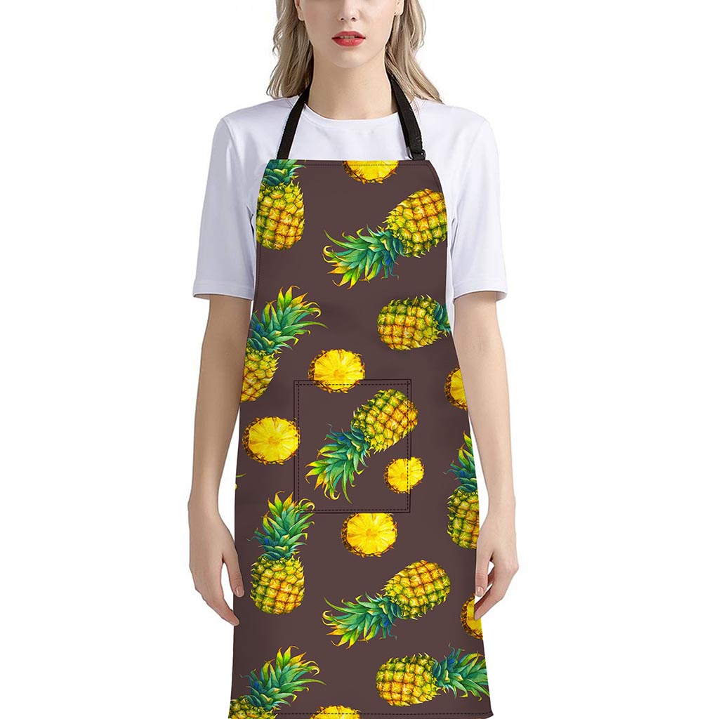 Brown Pineapple Pattern Print Bib Apron With Pocket