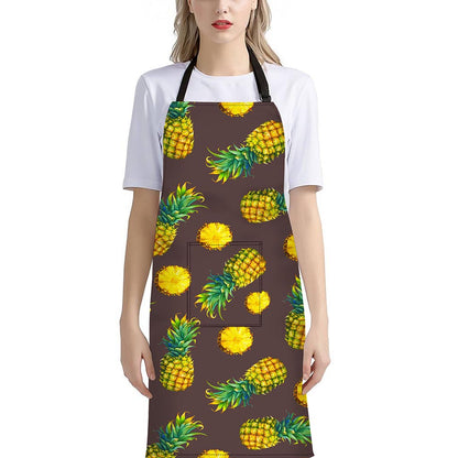 Brown Pineapple Pattern Print Bib Apron With Pocket