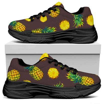 Brown Pineapple Pattern Print Black Chunky Shoes