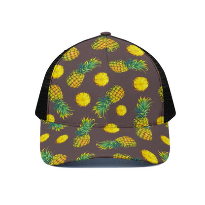 Brown Pineapple Pattern Print Black Mesh Trucker Cap